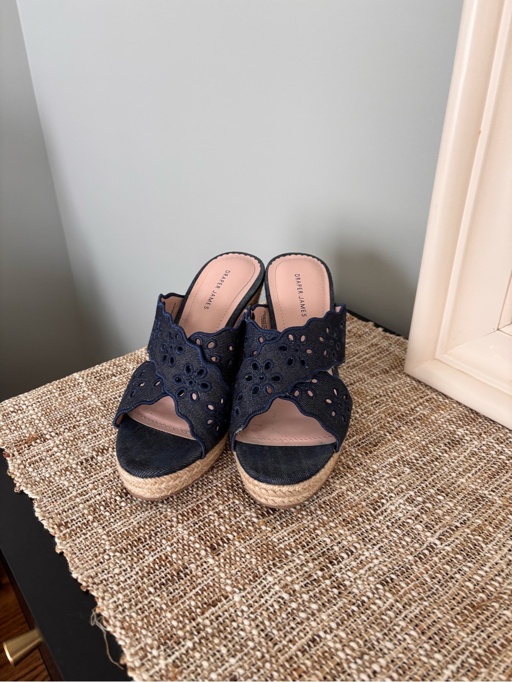 Draper James Navy Denim Eyelet Espadrille Wedges